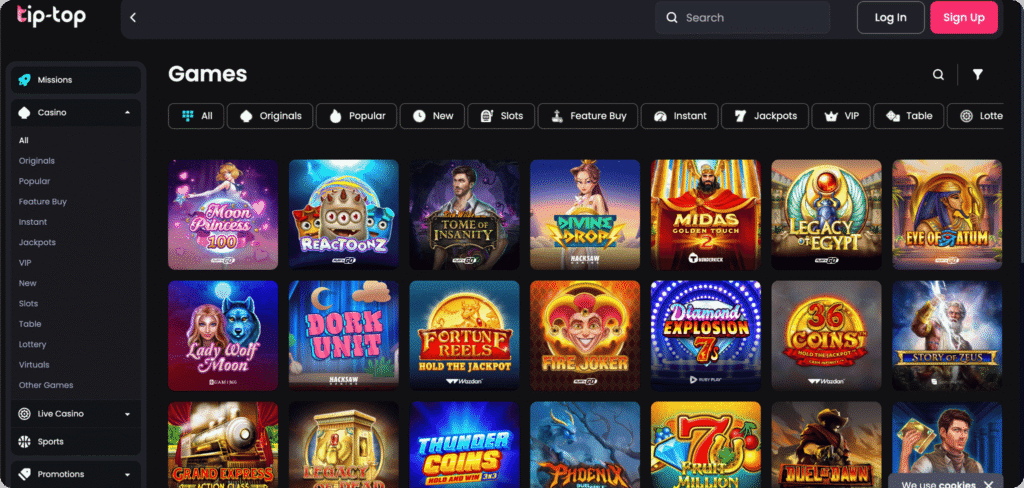 Tip-top screenshot van de gokken pagina