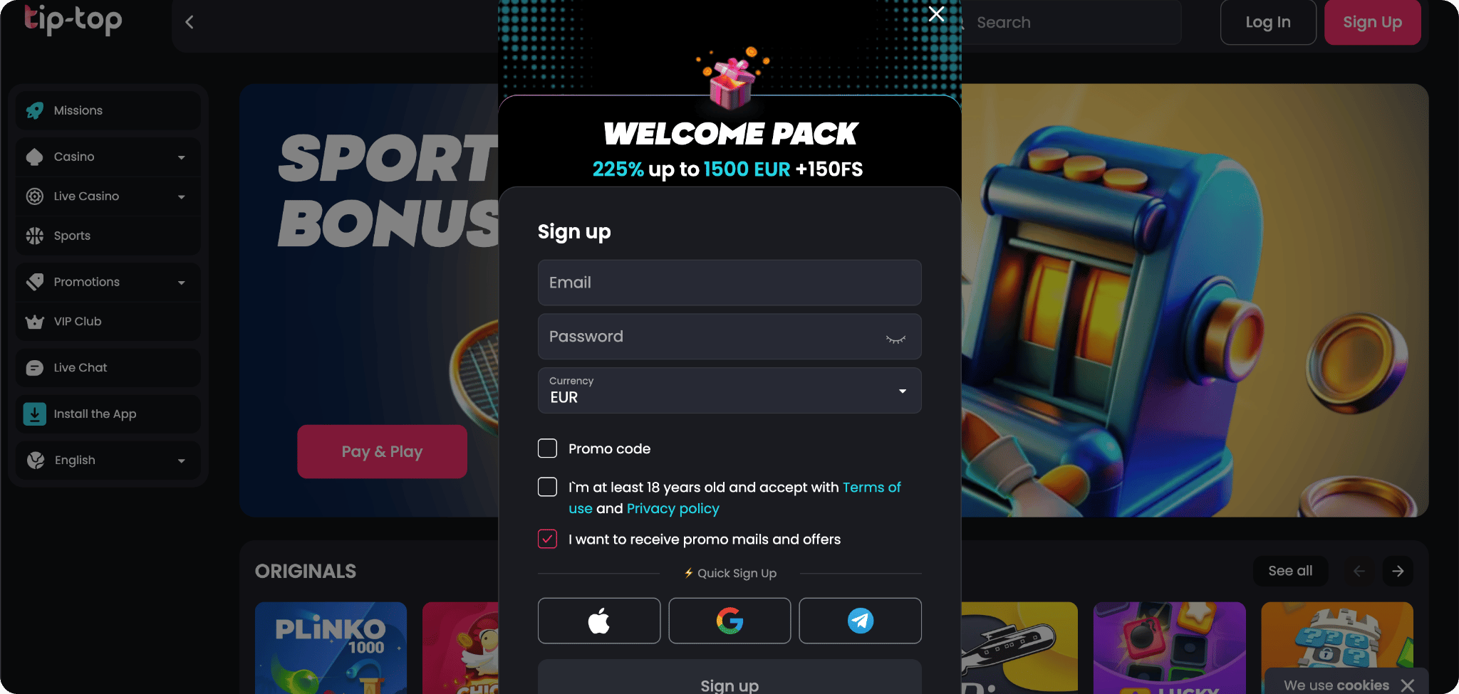 Tip-top screenshot van de registratiepagina