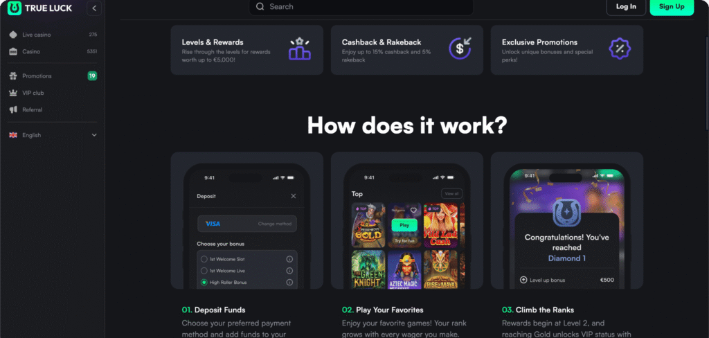Trueluck screenshot van de vip-pagina